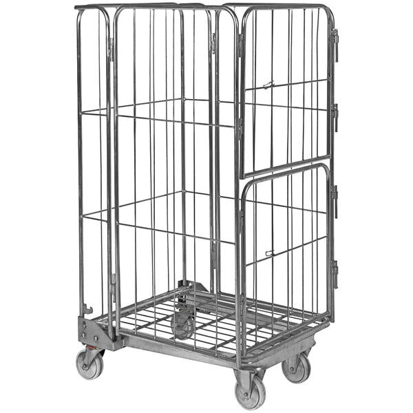 A Vestil steel roller container with a cage on wheels.