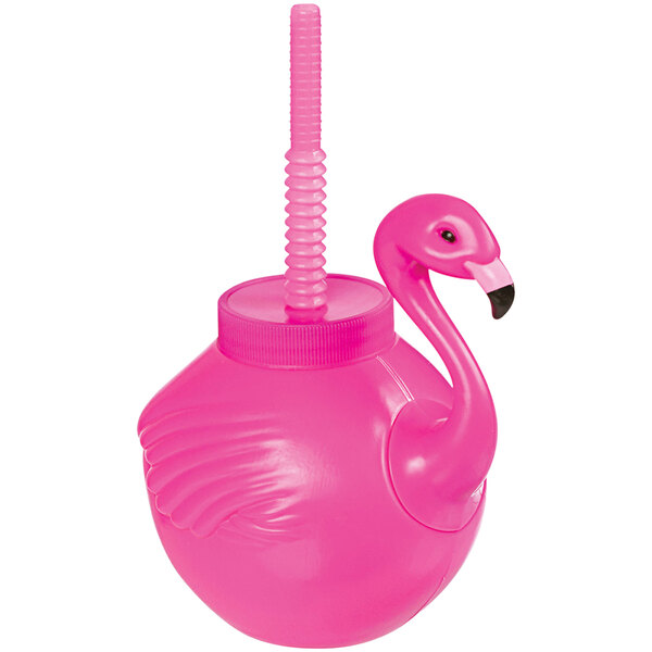 A pack of 12 pink plastic Amscan flamingo sippy cups with straws.