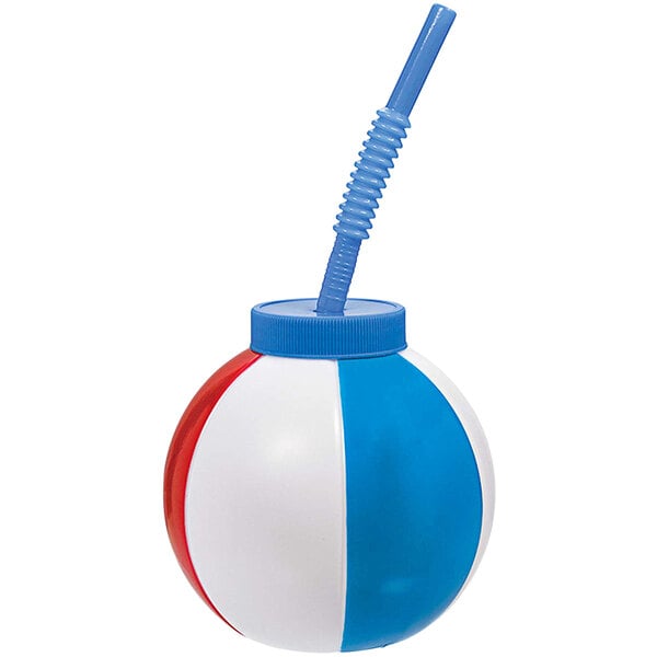 A plastic cup with a blue and white striped straw and a red, white, and blue beach ball design.