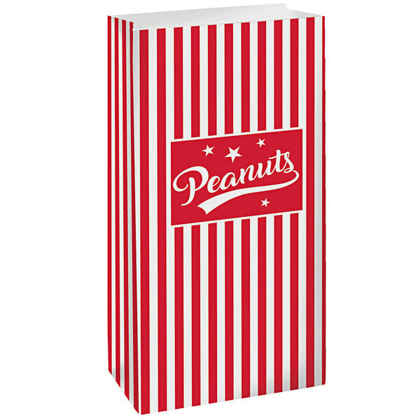 A package of 144 red and white striped paper peanut bags.