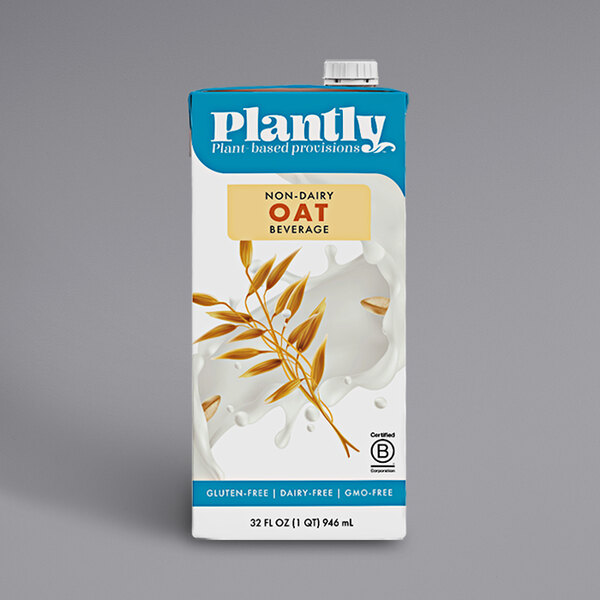 A white carton of Plantly oat beverage with a blue and white label.