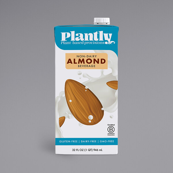 A case of Plantly almond milk cartons with blue and white labels.