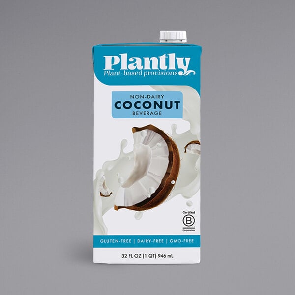 A carton of Plantly Non-Dairy Coconut Beverage with a blue and white label.