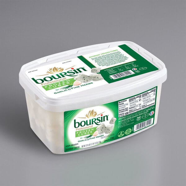 A plastic container of Boursin Garlic and Fine Herb Gournay cheese cubes.