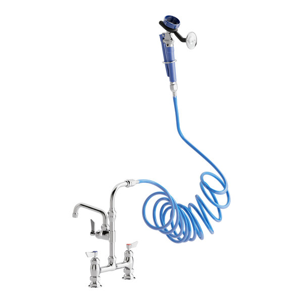 A Waterloo pet grooming faucet with a blue coiled hose attached.