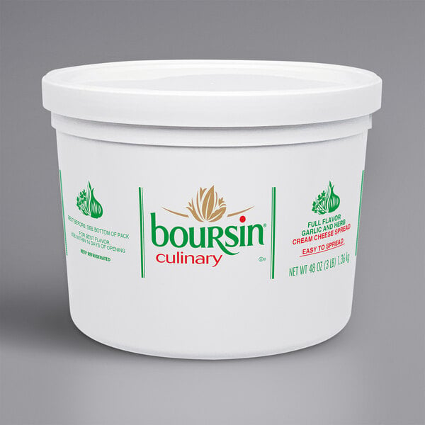 A white container of Boursin Garlic and Fine Herb Gournay Cheese with a lid.