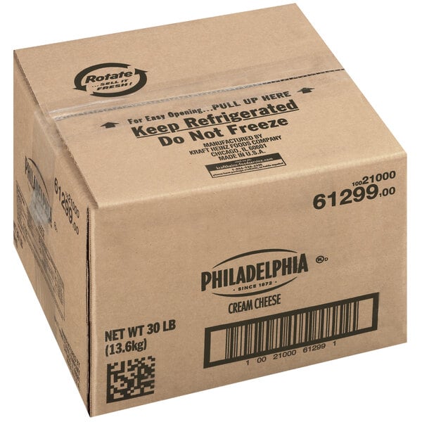 A box of Philadelphia Original Firm Cream Cheese with a label and bar code.