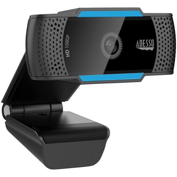 A close-up of a black and blue Adesso CyberTrack H5 webcam.