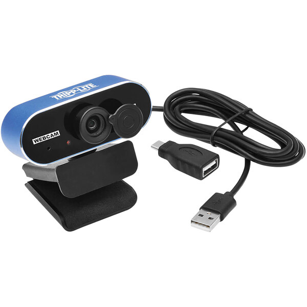A blue Tripp Lite HD 1080p webcam with a black USB cable.