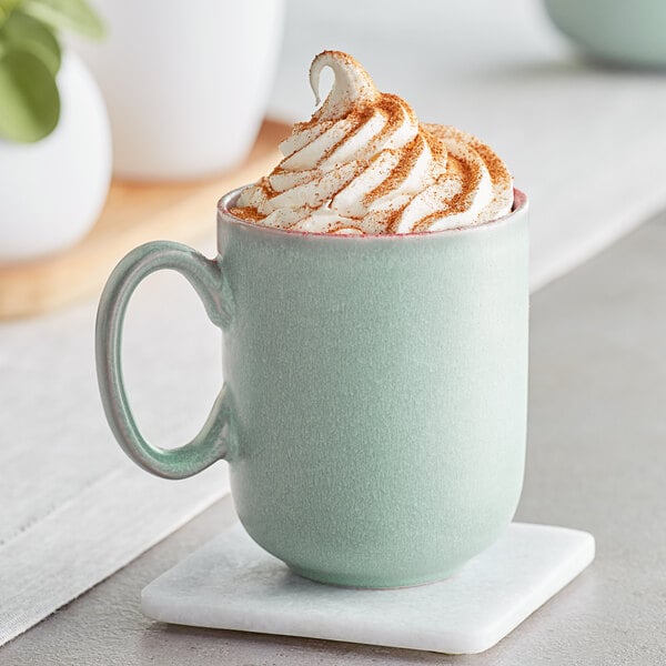 A Harbor Blue Acopa Pangea mug filled with hot chocolate topped with whipped cream.