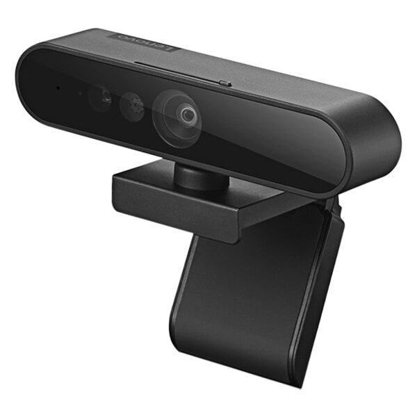 A Lenovo Performance FHD webcam on a stand with a black background.