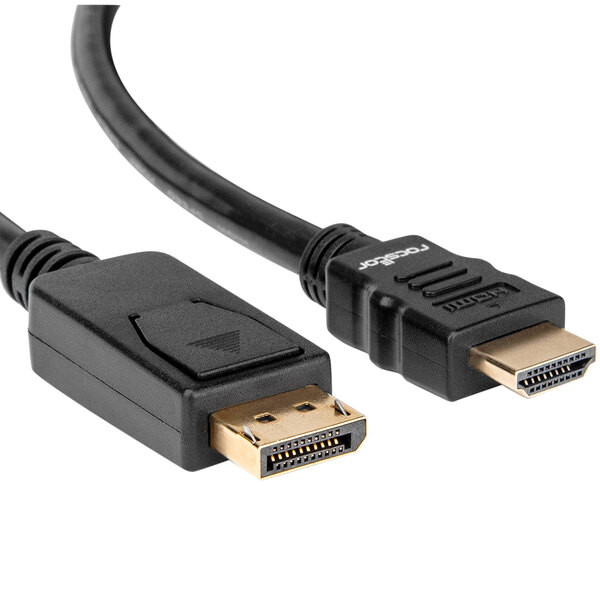 A close up of a black Rocstor DisplayPort to HDMI cable with gold connectors.