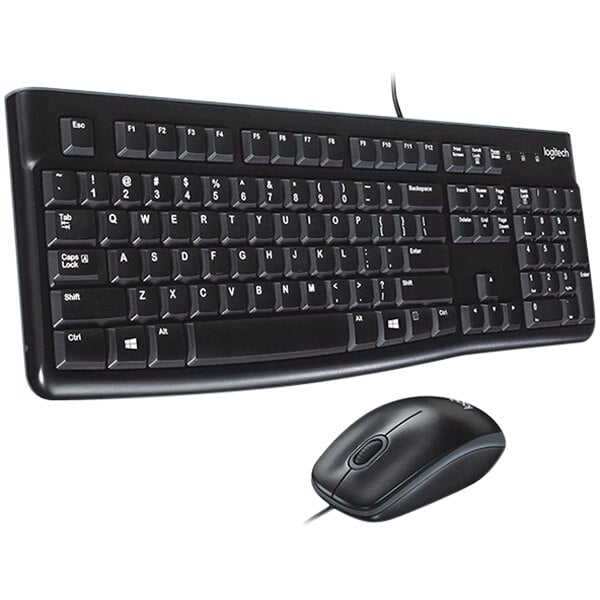 A black Logitech keyboard and a computer mouse on a white background.