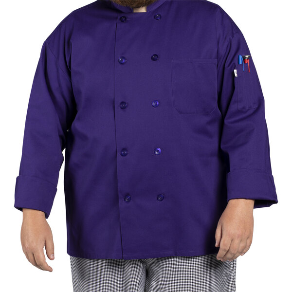 A man wearing a grape Uncommon Chef long sleeve chef coat.