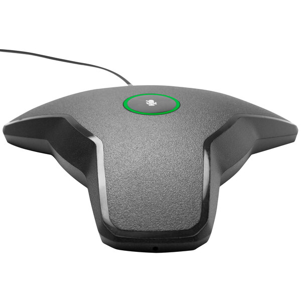 A black Konftel Smart Microphone with a green circle on top.