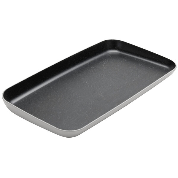 An American Metalcraft black and white speckled rectangular melamine tray with a handle.