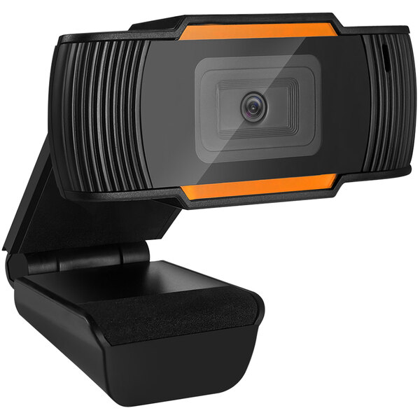 An Adesso CyberTrack H2 webcam with a black and orange design.