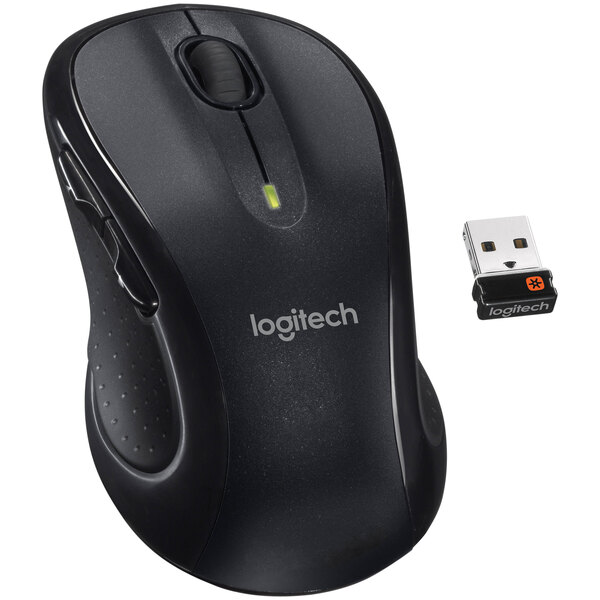 A black Logitech M510 wireless laser tracking mouse next to a USB stick.