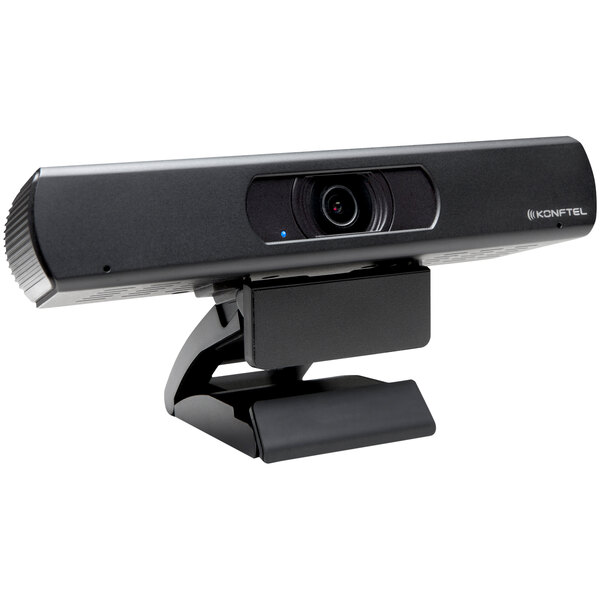 A black Konftel webcam with a camera on it on a stand.