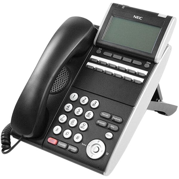 A close-up of a black NEC Univerge DT800 Series IP telephone with a black and grey display.