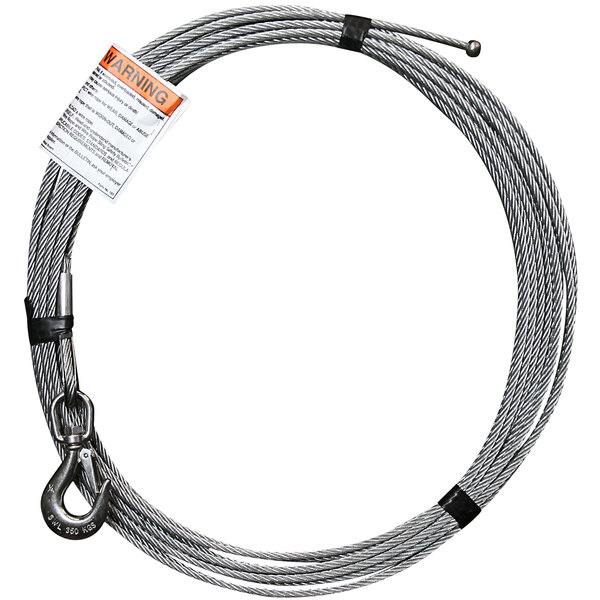 A coiled OZ Lifting galvanized metal cable with a hook on the end.