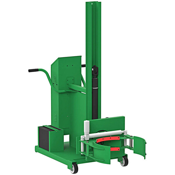 A green Valley Craft battery powered Roto-Lift drum handler with wheels and red and green handles.