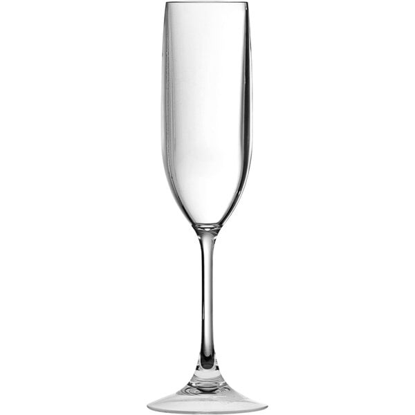 A clear plastic flute glass with a long stem.