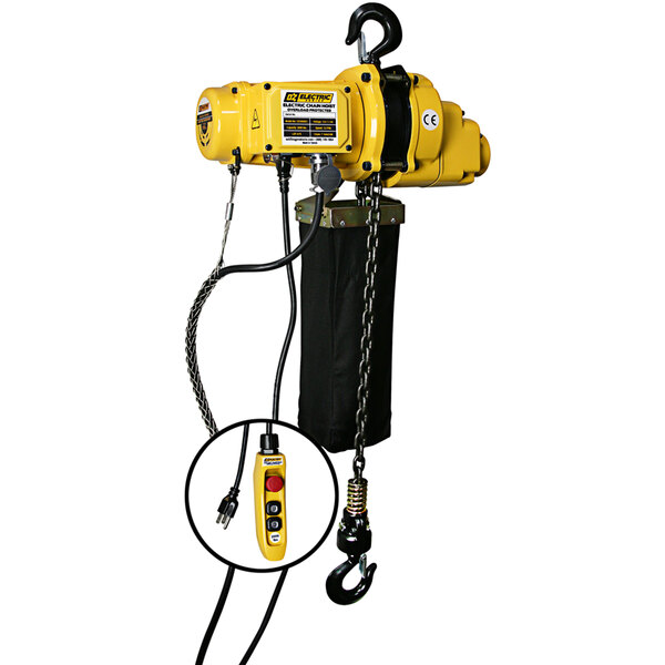 A yellow OZ Lifting electric chain hoist with wires and a hook.