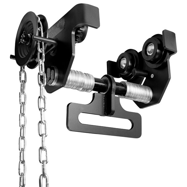 An OZ Lifting 1 Ton Geared Beam Trolley with a black and silver metal object and chain attached.