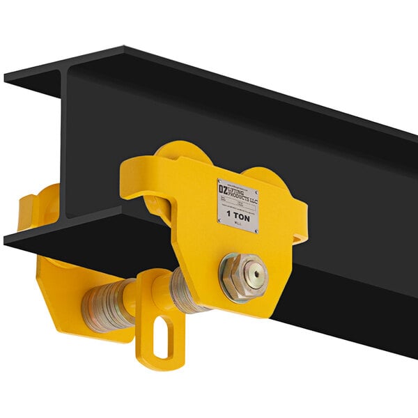 A yellow and black metal OZ Lifting Products 1 Ton push beam trolley.