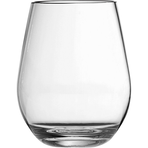 A Fortessa clear plastic stemless wine glass.