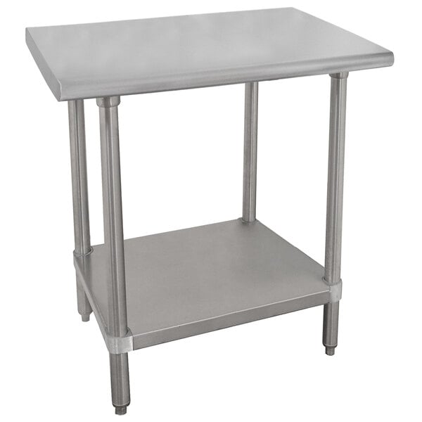 A metal rectangular Advance Tabco stainless steel work table with a shelf.