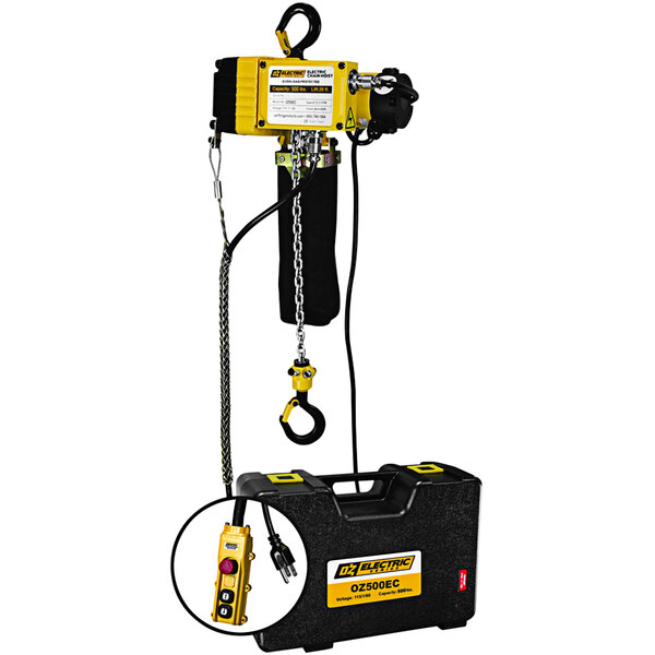 An OZ Lifting electric chain hoist with a black and yellow case.