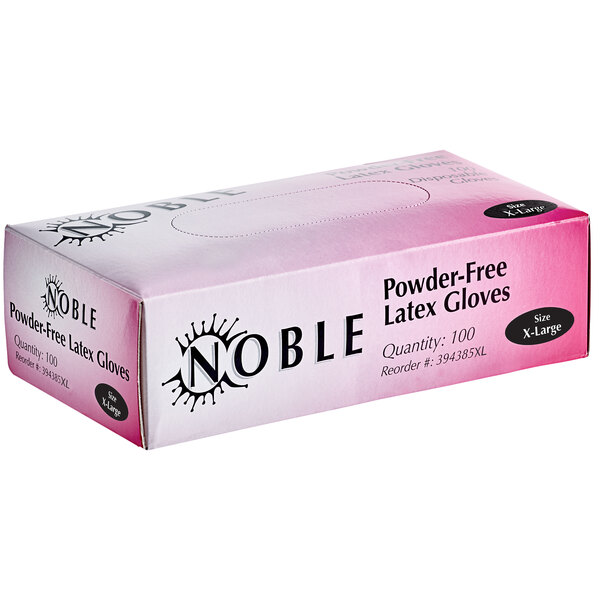 A pink box of Noble Powder-Free Disposable Latex Gloves for Foodservice with black text.