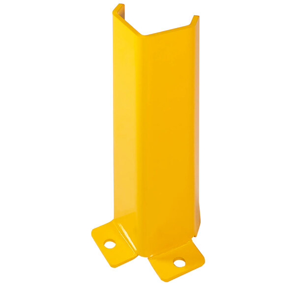 A yellow rectangular Valley Craft metal post protector with holes on top.
