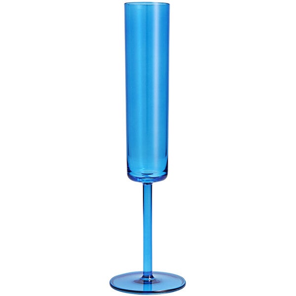 A blue tall Fortessa Tritan plastic flute glass with a long stem.