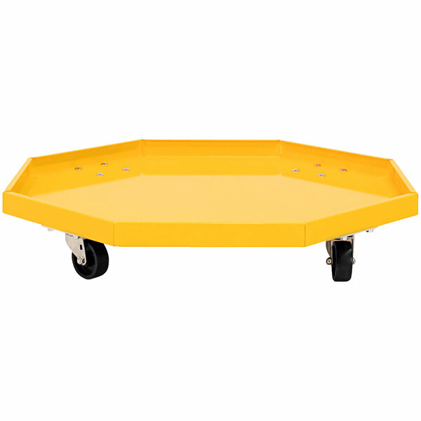 A yellow metal Valley Craft drum dolly with black wheels.