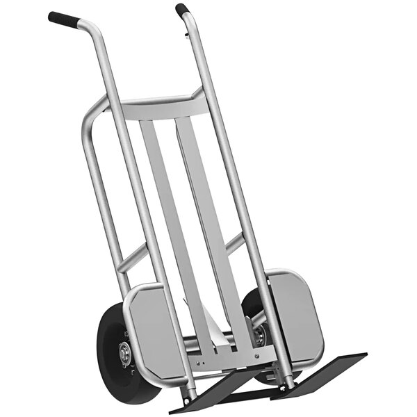 A silver hand truck with black wheels.