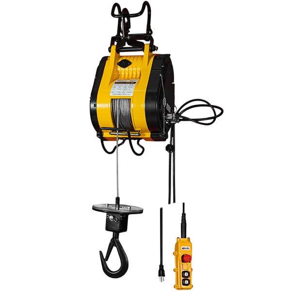A yellow and black OZ Lifting Products electric wire rope with a hook.