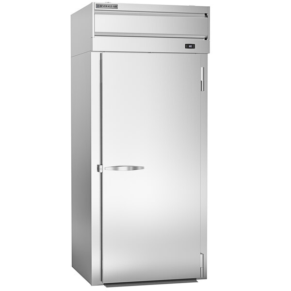 A silver Beverage-Air roll-in warming cabinet with a solid door.