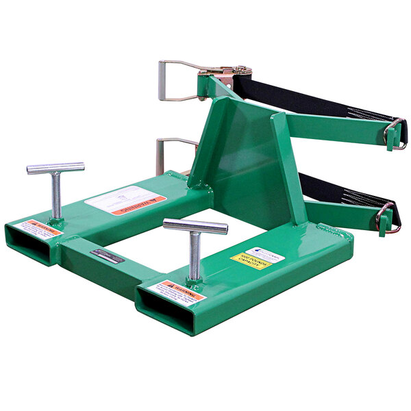 A green Valley Craft forklift attachment with black straps and metal bars.