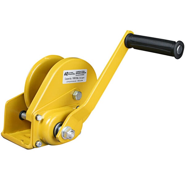 An OZ Lifting Products yellow hand winch with a black handle.