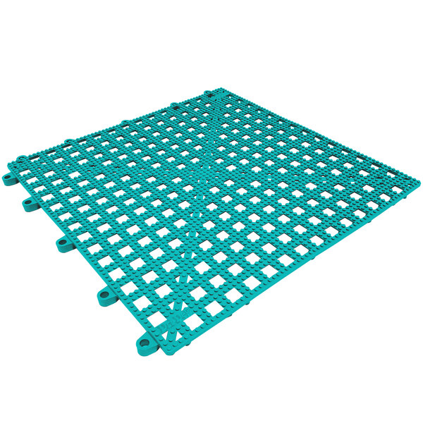 A teal plastic floor mat with interlocking grid design and holes.