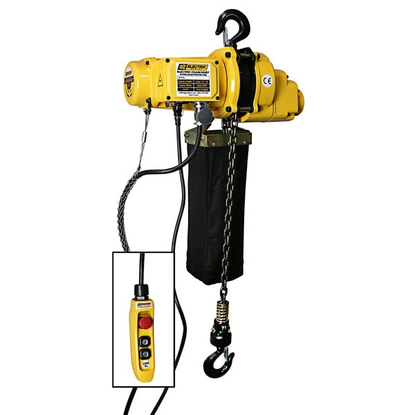 An OZ Lifting yellow electric chain hoist with a hook.