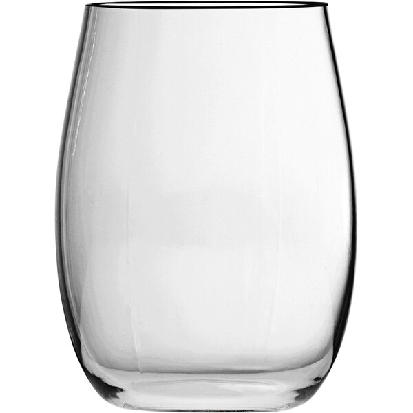 A clear Fortessa Tritan plastic stemless wine glass.