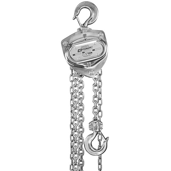 The chain and hook on an OZ Lifting stainless steel chain hoist.