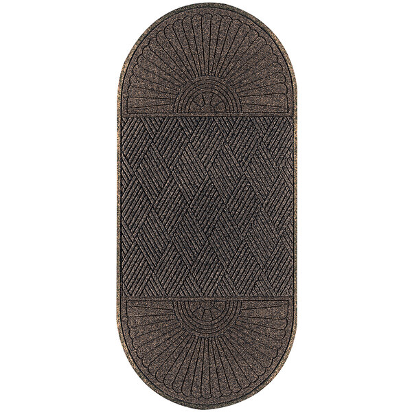 A brown rectangular WaterHog doormat with an intricate diamond design in the center.