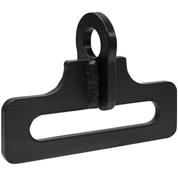 A black metal OZ Lifting Products hoist hanger with a hole and a plastic hook.