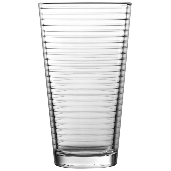 A clear Fortessa Basics beverage glass with a striped pattern.