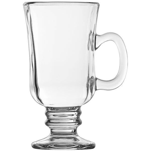 A clear glass Fortessa Basics Irish coffee mug with a handle.